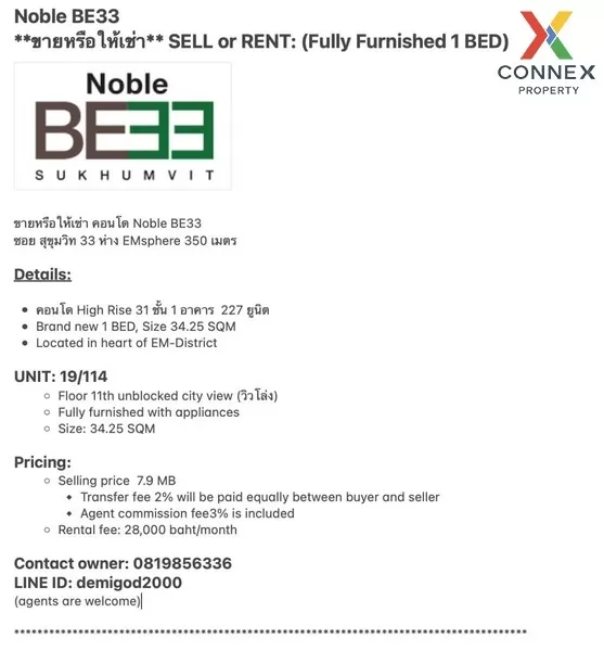 FOR SALE condo , Noble BE 33 , corner unit , BTS-Phrom Phong , Khlong Toei Nuea , Watthana , Bangkok , CX-00552