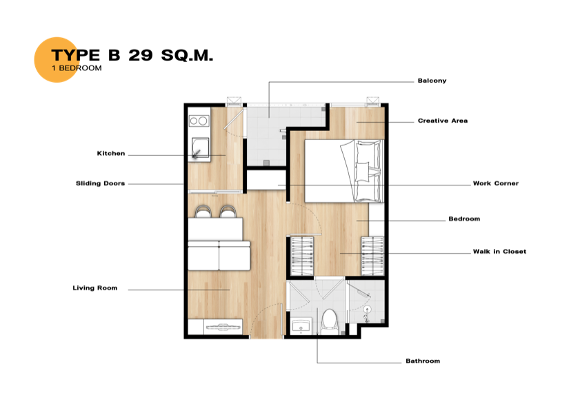 The Coopers Me Sukhumvit 62 Unit Plan TYPE B 29 SQ.M.